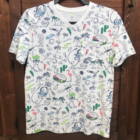 GAP Kids White Neon Cool Kid Summer V-Neck T-Shirt - Picture 1 of 5